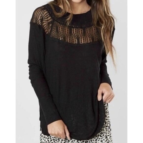 Free People Tops - Medium Free People Black Lace Shoulder Waffle Knit Top Oversized